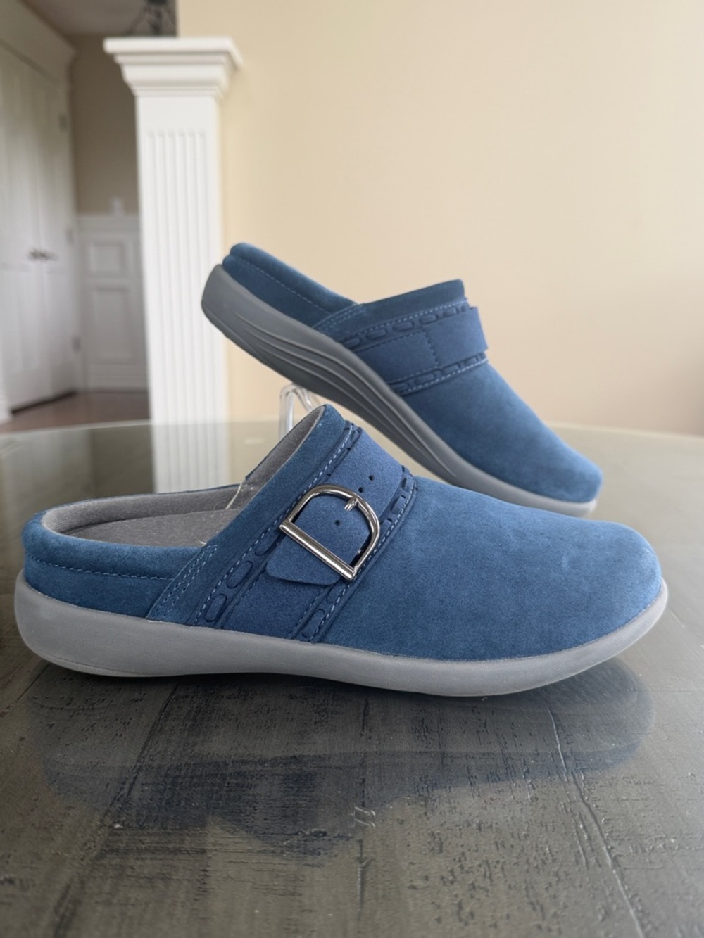 REVITALIGN Blue Suede Slip-On Clogs. Silver Buckle Detail. Womens Size 8 B.